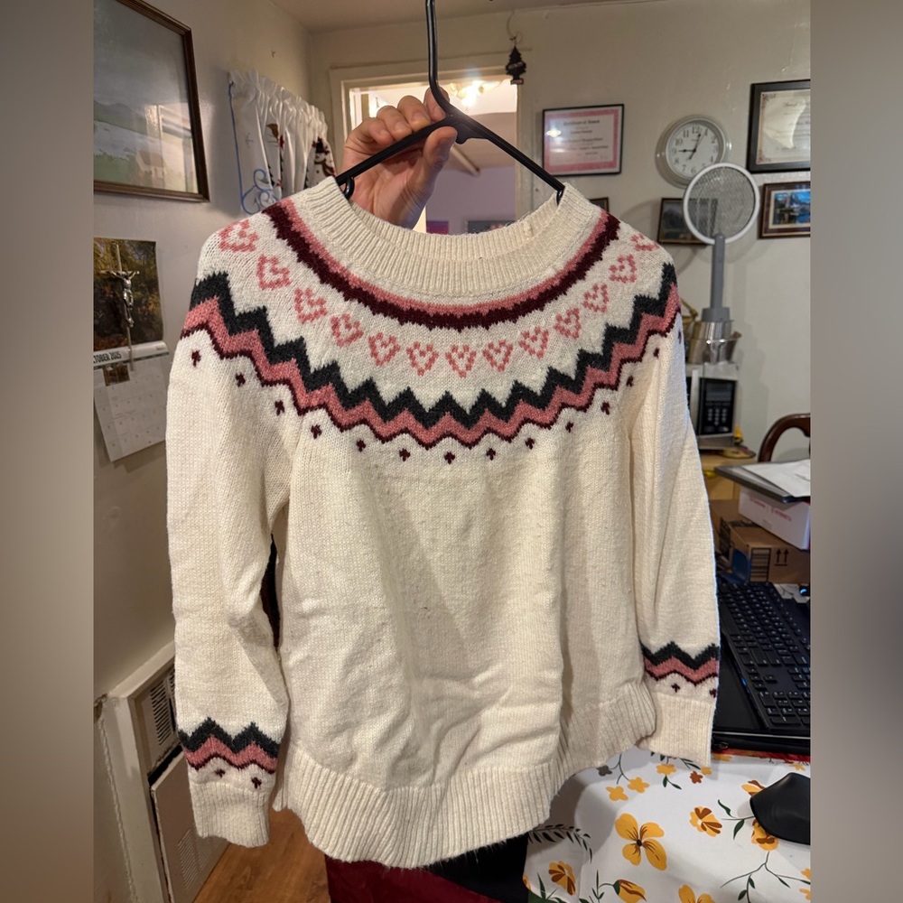 LOFT Cream and Pink Patterned Sweater